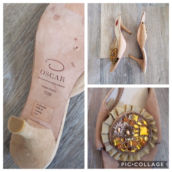 Oscar De La Renta camel beaded open toe heels - Picture 8 of 8